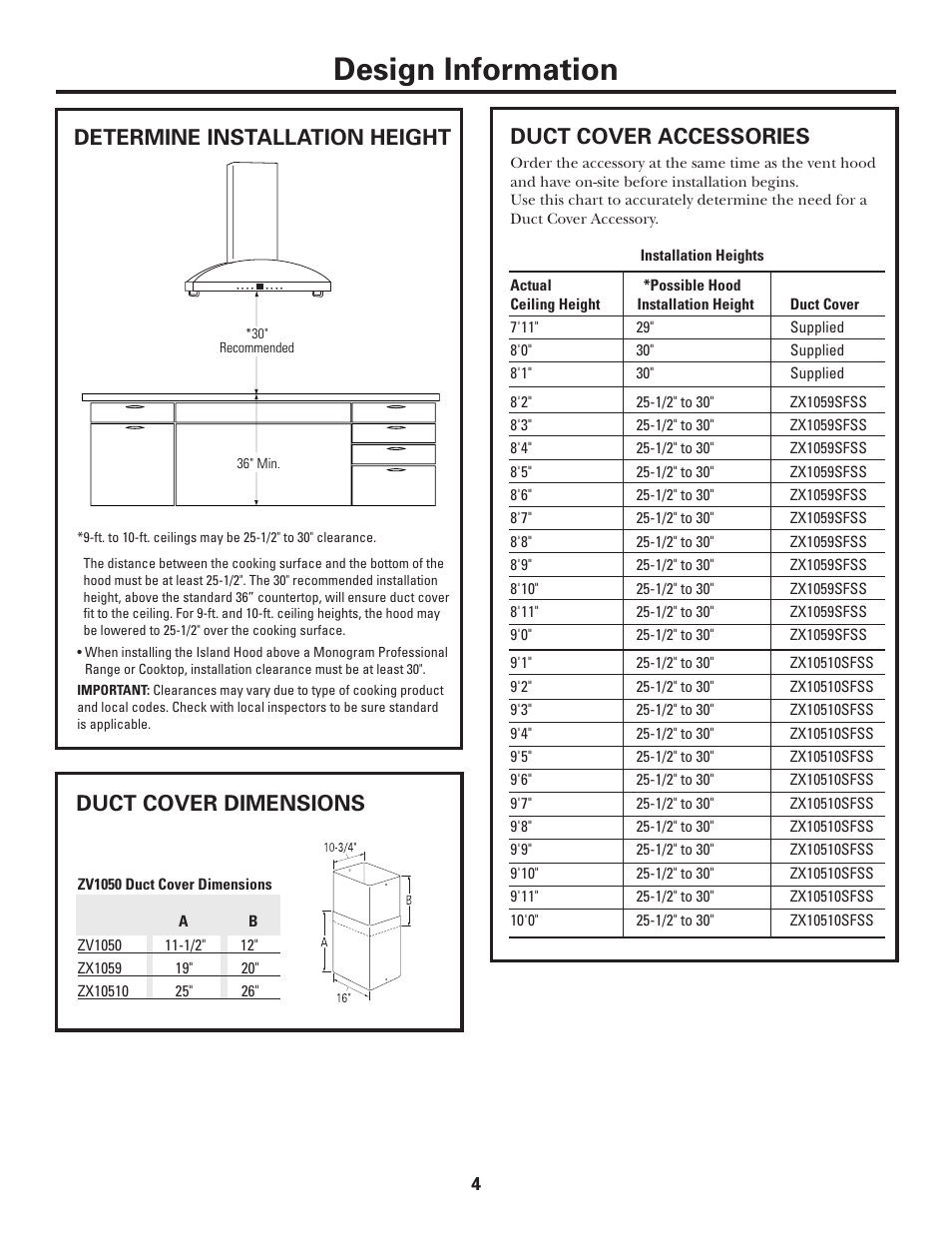 Determine installation height, Design information, 538dia2 | Duct cover accessories, Duct cover dimensions | GE MONOGRAM ZV1050 User Manual | Page 4 / 16