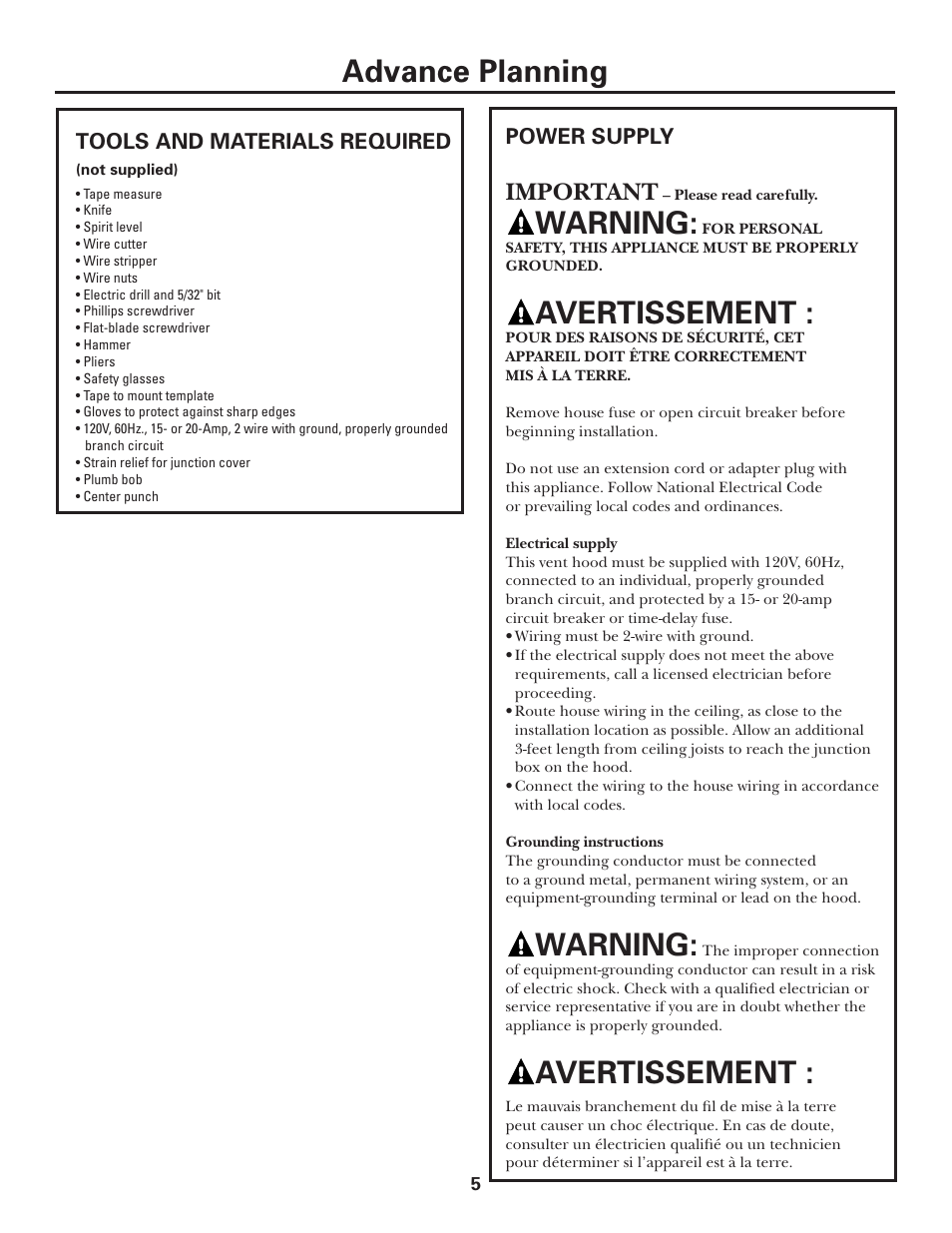 Tools and materials required, Power supply, Advance planning | Warning, Avertissement, Important | GE MONOGRAM ZV1050 User Manual | Page 5 / 16