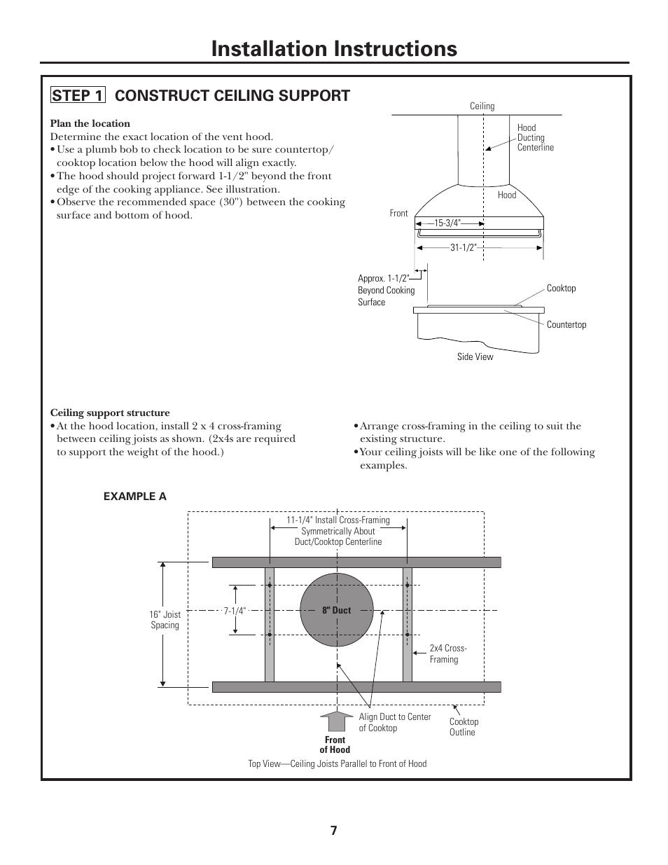 Step 1, construct ceiling support, Step 1, construct ceiling support –9, Installation instructions | 538dia3, Step 1 construct ceiling support | GE MONOGRAM ZV1050 User Manual | Page 7 / 16
