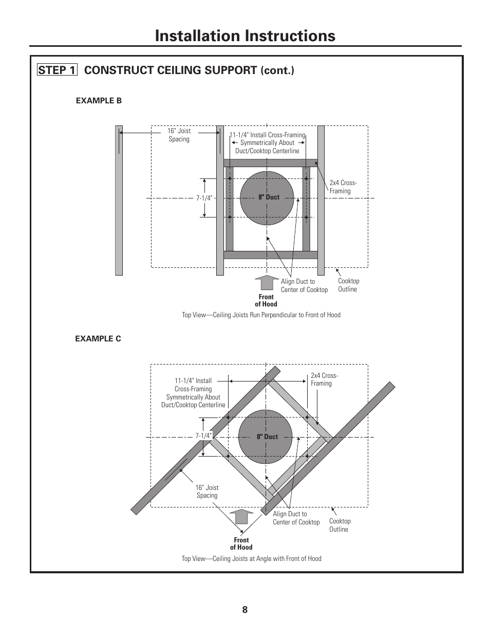 Installation instructions, Step 1 construct ceiling support (cont.) | GE MONOGRAM ZV1050 User Manual | Page 8 / 16