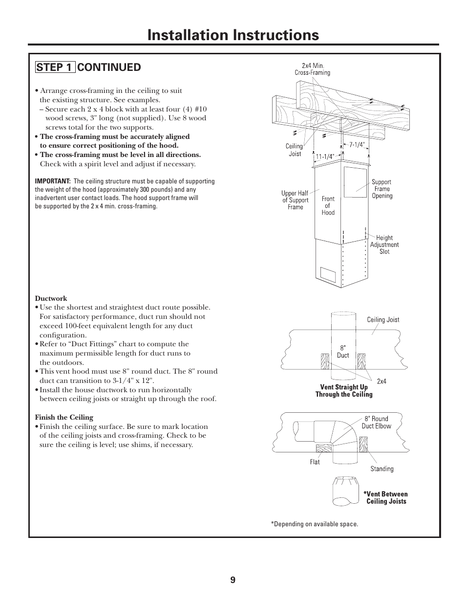 Installation instructions, Step 1 continued | GE MONOGRAM ZV1050 User Manual | Page 9 / 16