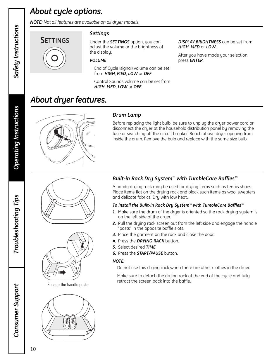 About dryer features, About cycle options | GE UPVH880 User Manual | Page 10 / 152