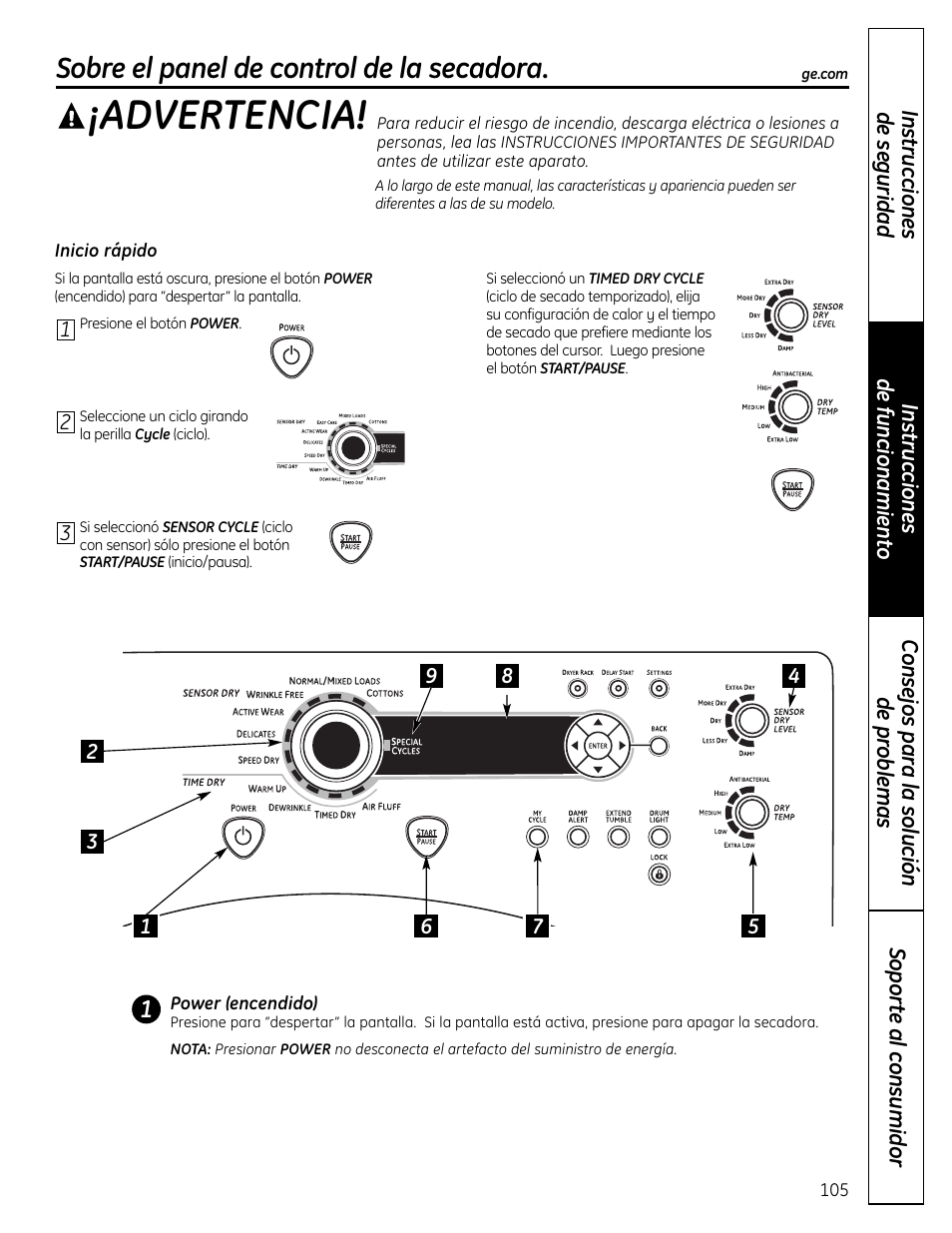 Advertencia, Sobre el panel de control de la secadora | GE UPVH880 User Manual | Page 105 / 152