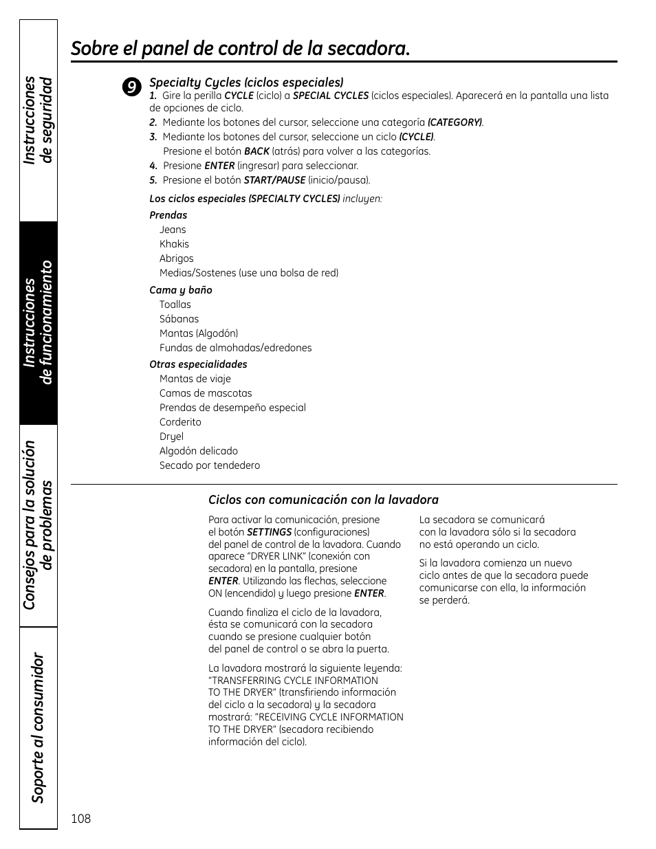 Sobre el panel de control de la secadora | GE UPVH880 User Manual | Page 108 / 152