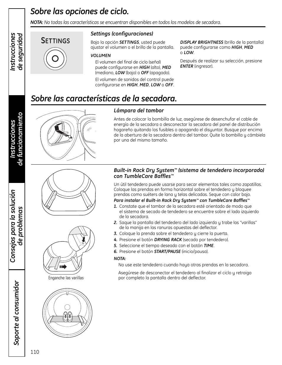 Sobre las características de la secadora, Sobre las opciones de ciclo | GE UPVH880 User Manual | Page 110 / 152