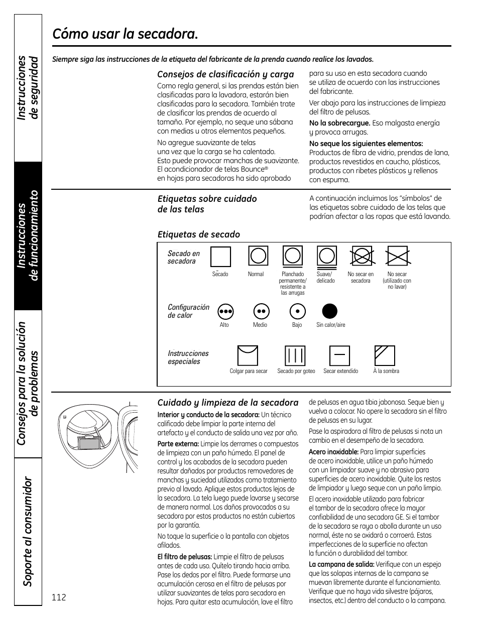 Cómo usar la secadora, Tumble dry, Heat setting | Special instructions | GE UPVH880 User Manual | Page 112 / 152