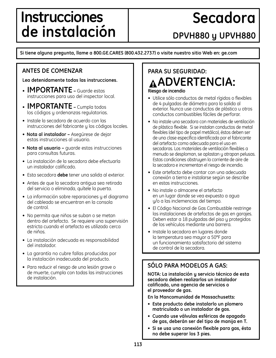 Instrucciones secadora de instalación, Advertencia, Importante | GE UPVH880 User Manual | Page 113 / 152