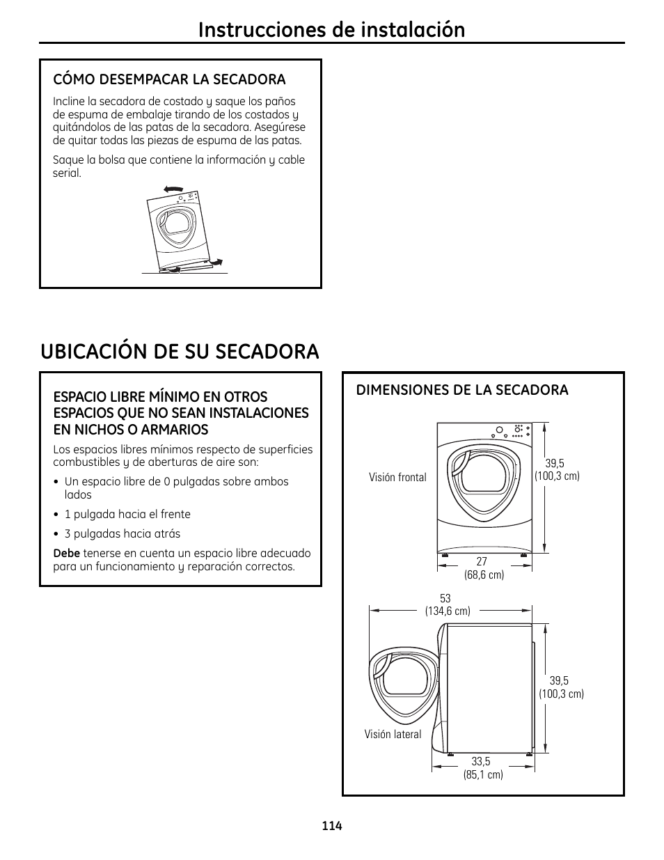 Instrucciones de instalación, Ubicación de su secadora | GE UPVH880 User Manual | Page 114 / 152