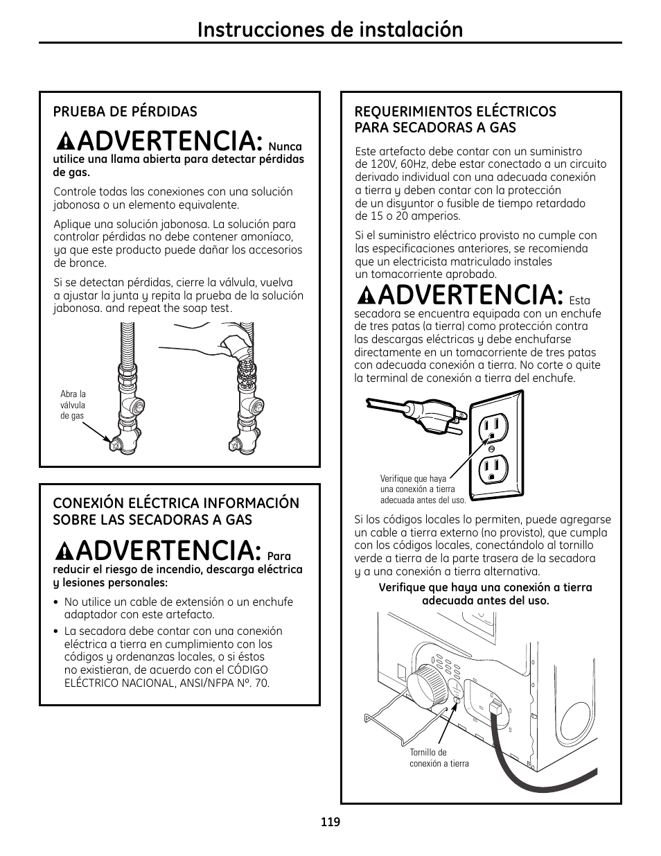 Advertencia, Instrucciones de instalación | GE UPVH880 User Manual | Page 119 / 152