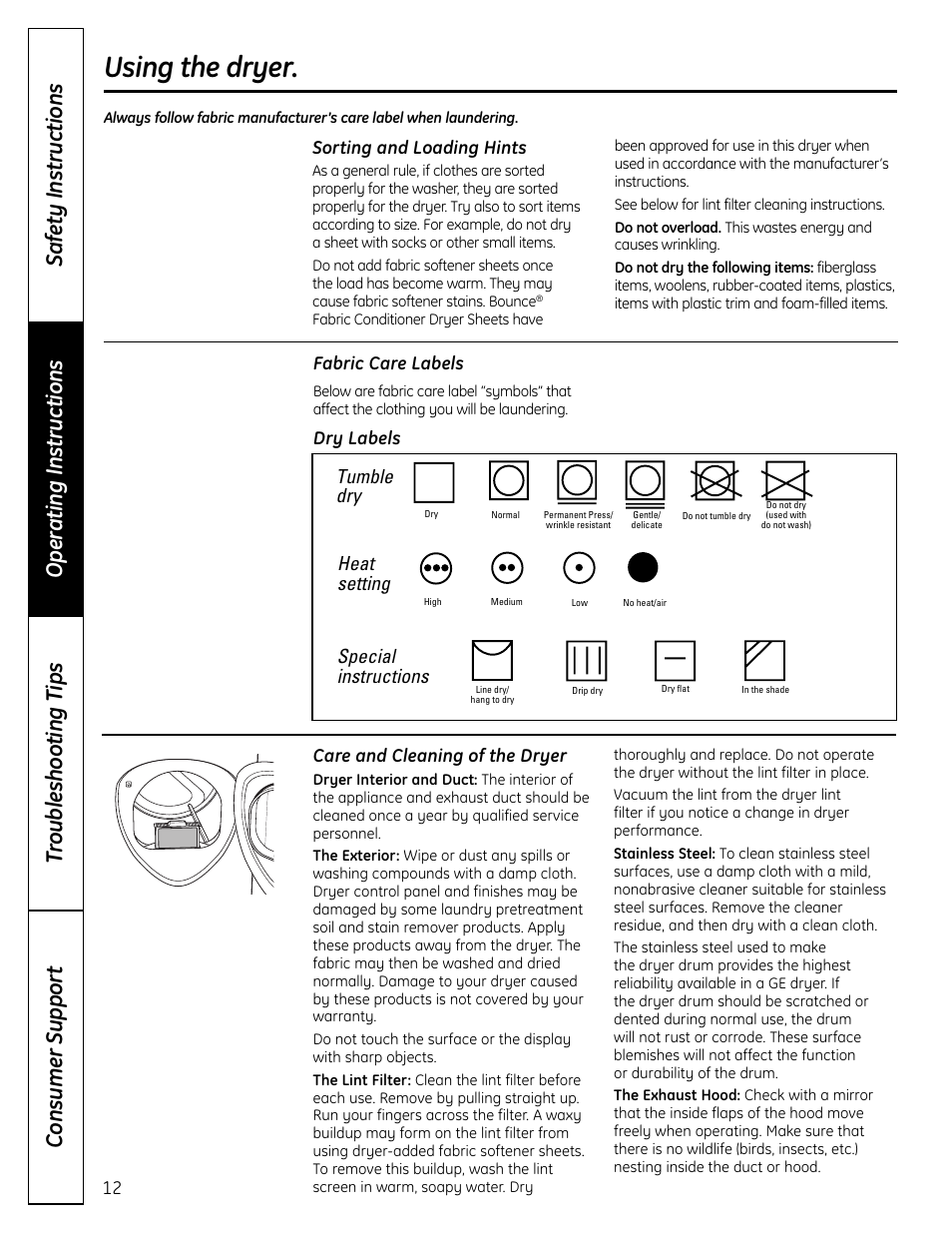 Using the dryer, Tumble dry, Heat setting | Special instructions | GE UPVH880 User Manual | Page 12 / 152