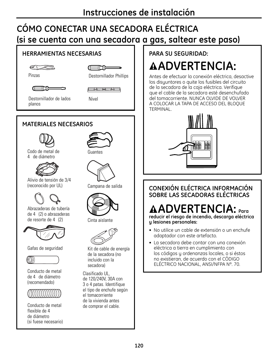 Advertencia | GE UPVH880 User Manual | Page 120 / 152