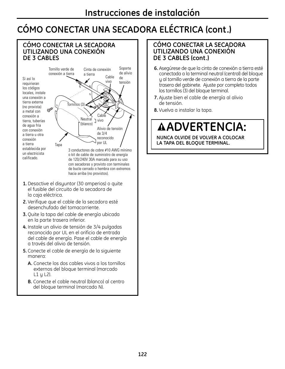 Advertencia, Instrucciones de instalación, Cómo conectar una secadora eléctrica (cont.) | GE UPVH880 User Manual | Page 122 / 152