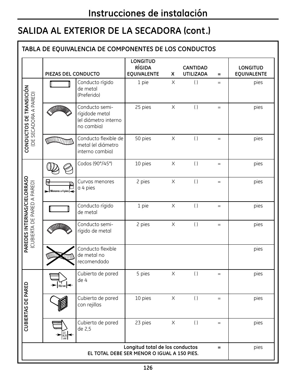 Salida al exterior de la secadora (cont.), Instrucciones de instalación | GE UPVH880 User Manual | Page 126 / 152