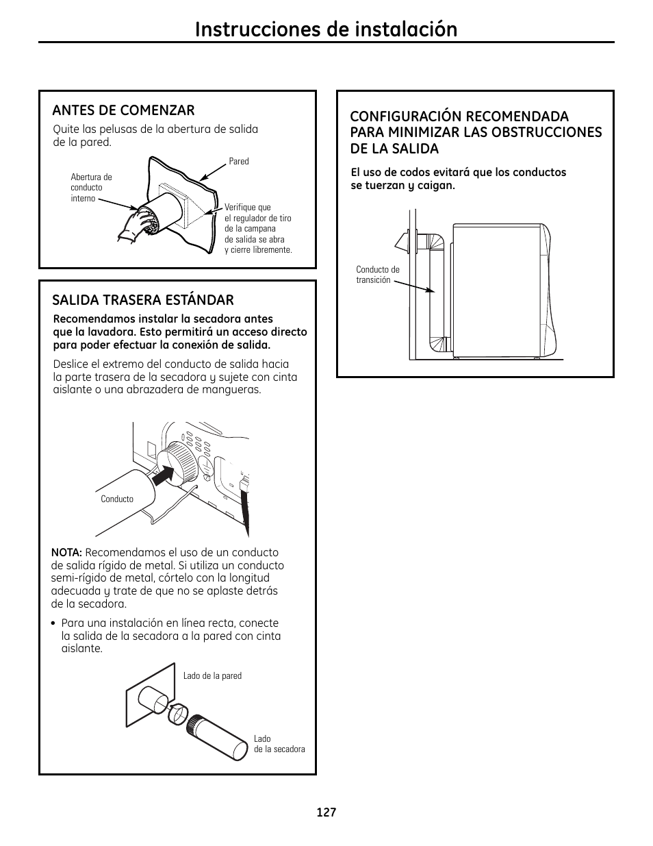 Instrucciones de instalación, Antes de comenzar, Salida trasera estándar | GE UPVH880 User Manual | Page 127 / 152