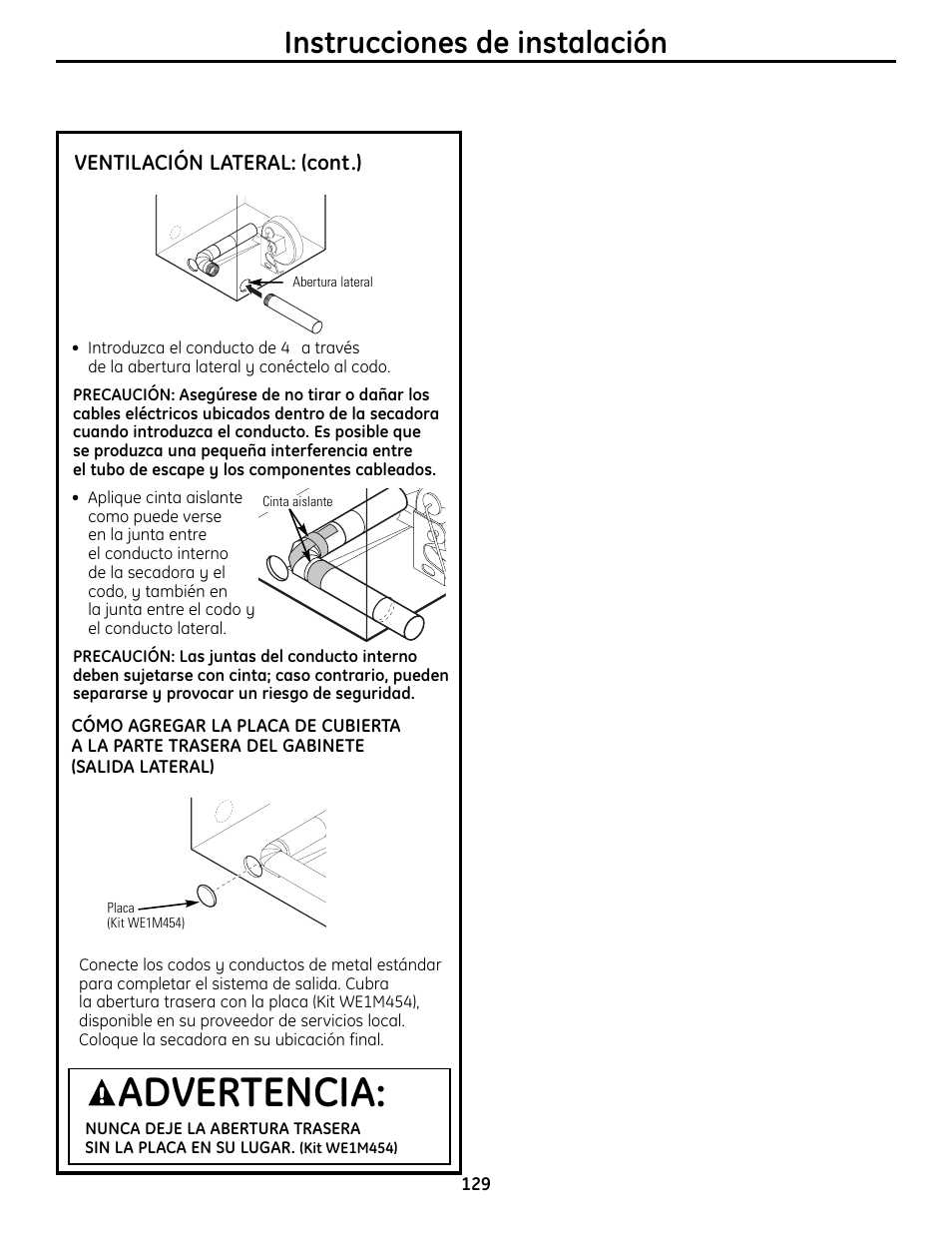 Advertencia, Instrucciones de instalación | GE UPVH880 User Manual | Page 129 / 152