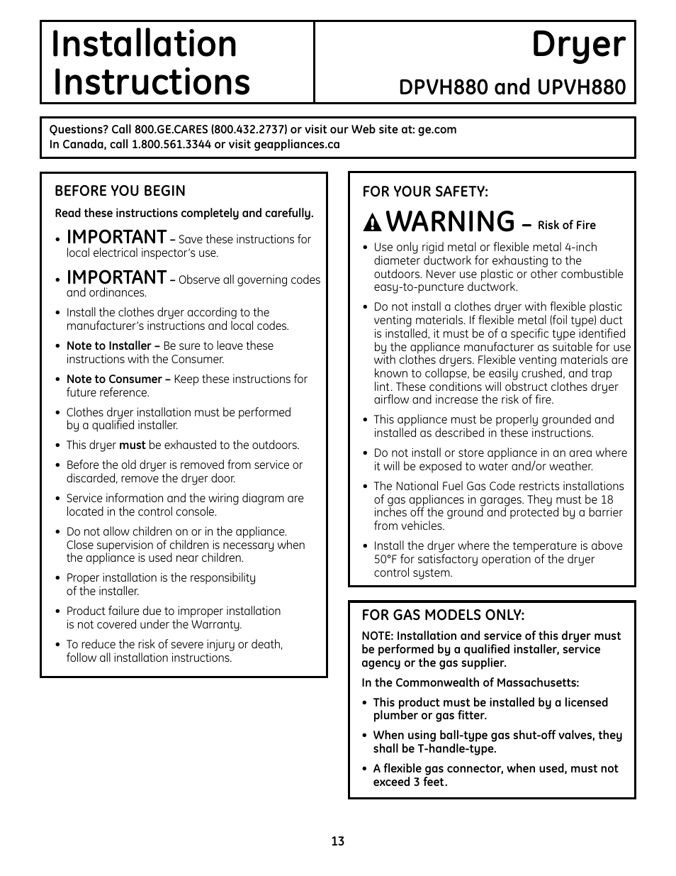 Installation dryer instructions, Warning, Important | GE UPVH880 User Manual | Page 13 / 152