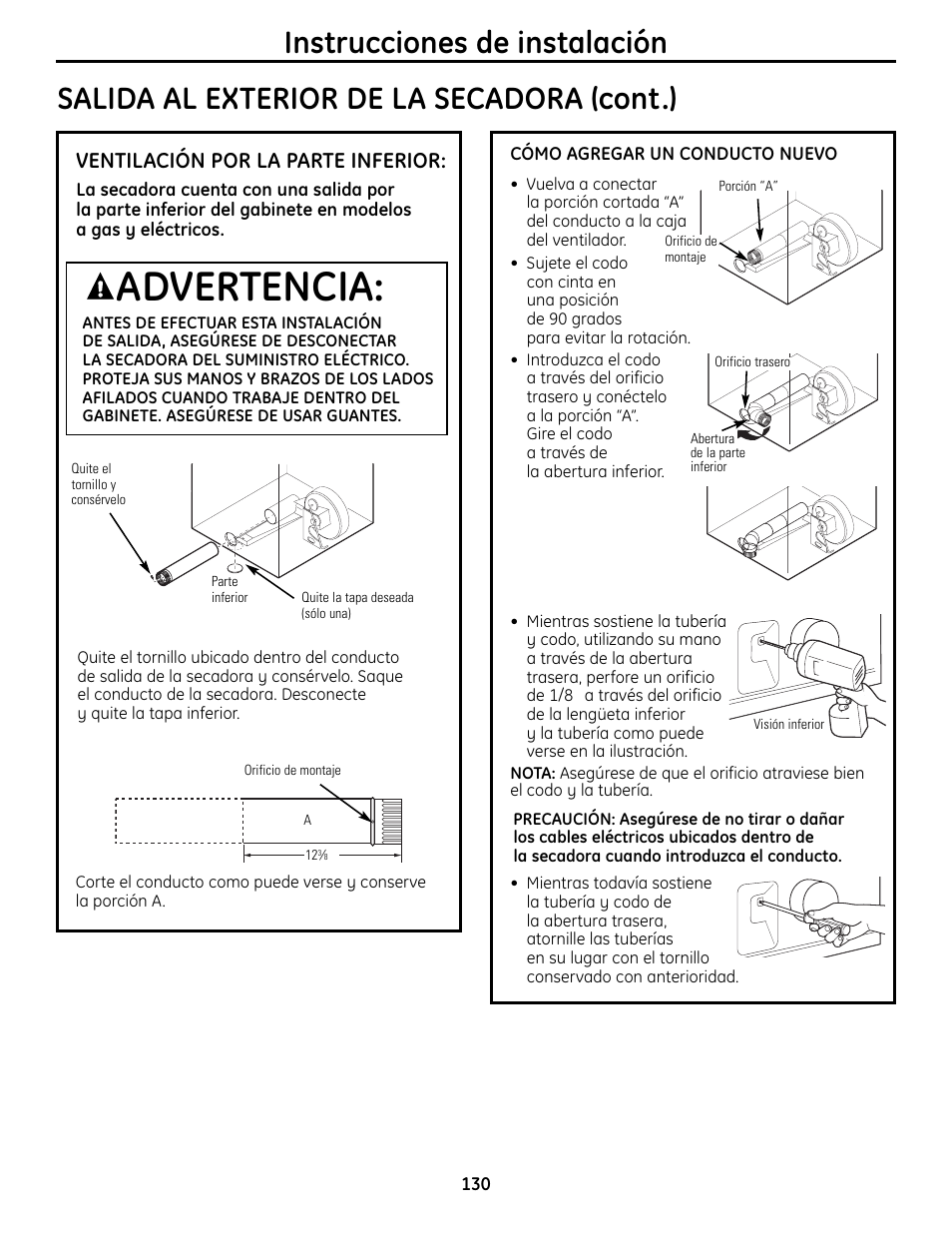 Advertencia, Ventilación por la parte inferior | GE UPVH880 User Manual | Page 130 / 152