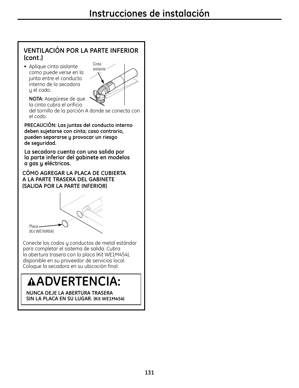 Advertencia, Instrucciones de instalación | GE UPVH880 User Manual | Page 131 / 152