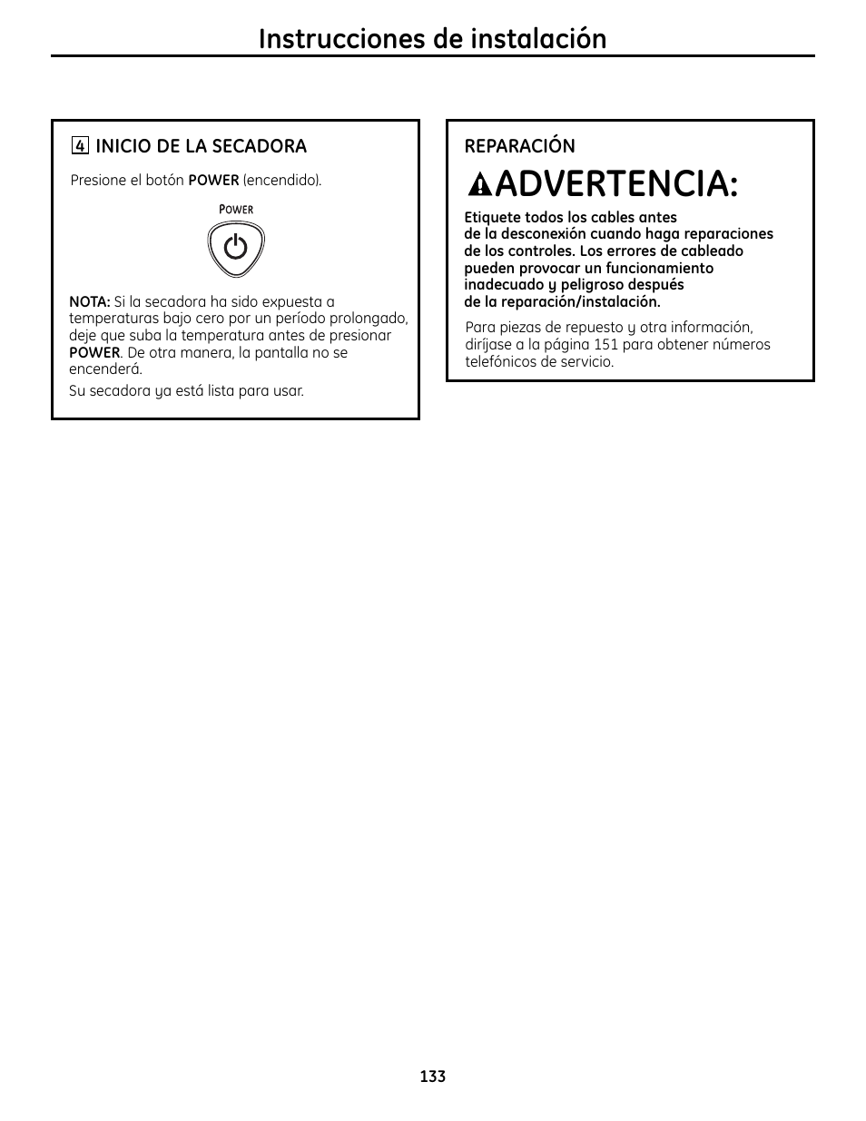 Advertencia, Instrucciones de instalación | GE UPVH880 User Manual | Page 133 / 152