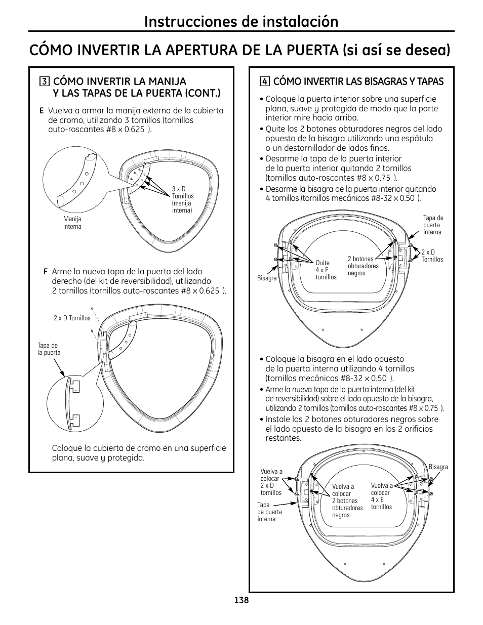 Instrucciones de instalación, Cómo invertir las bisagras y tapas | GE UPVH880 User Manual | Page 138 / 152