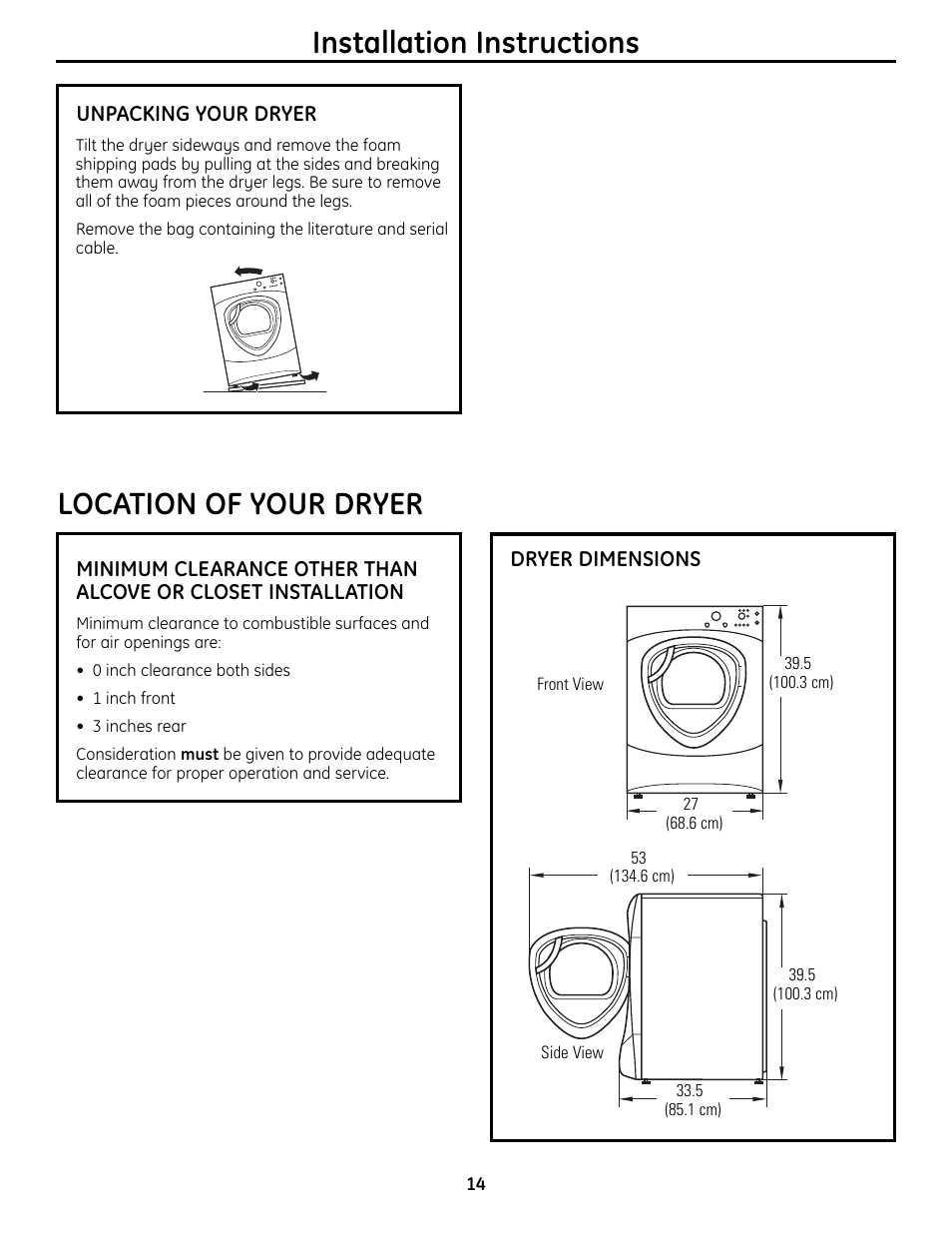 Installation instructions, Location of your dryer | GE UPVH880 User Manual | Page 14 / 152