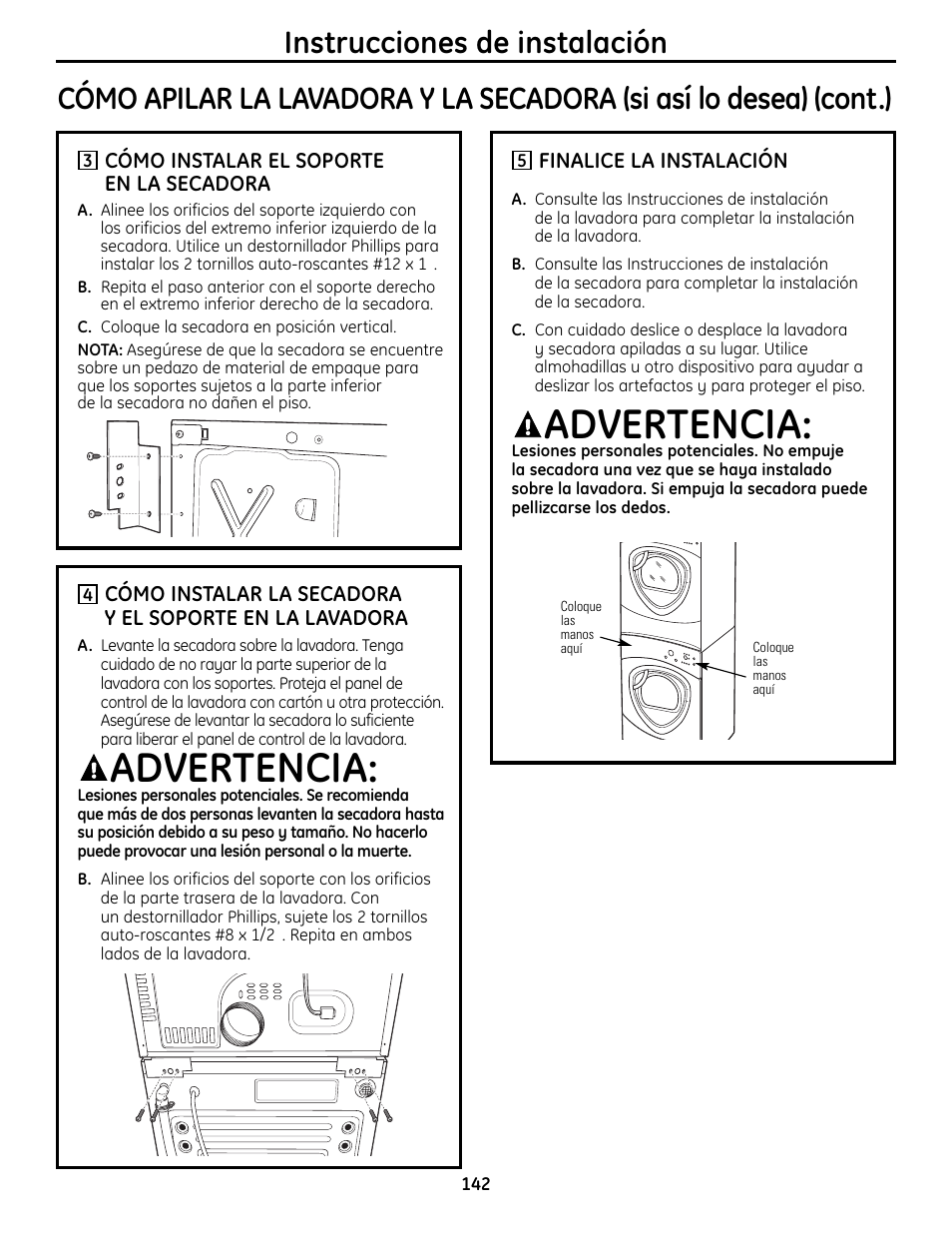 Advertencia, Instrucciones de instalación | GE UPVH880 User Manual | Page 142 / 152