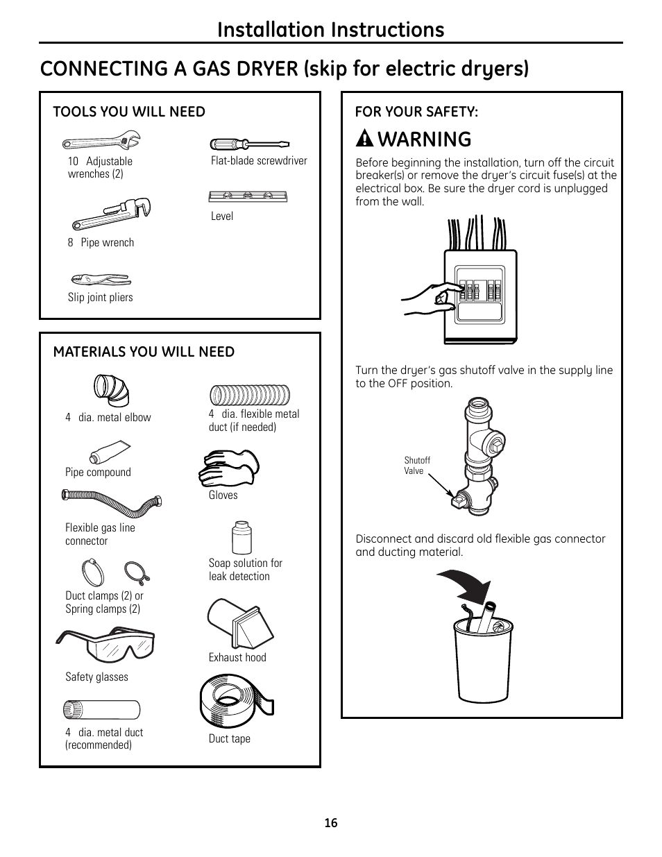 Installation instructions, Connecting a gas dryer (skip for electric dryers), Warning | GE UPVH880 User Manual | Page 16 / 152