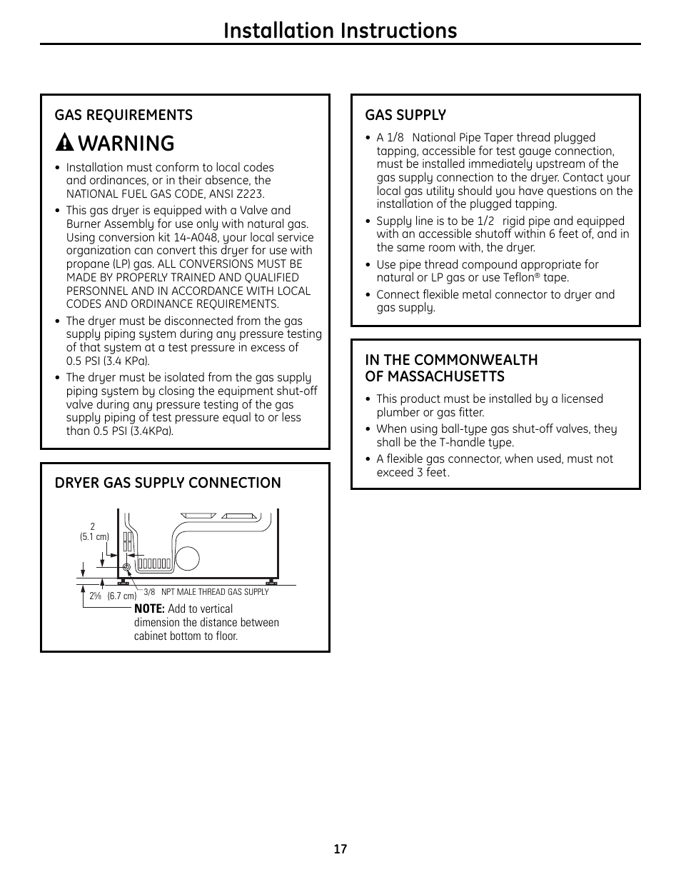 Installation instructions, Warning, Gas requirements | Dryer gas supply connection, Gas supply | GE UPVH880 User Manual | Page 17 / 152