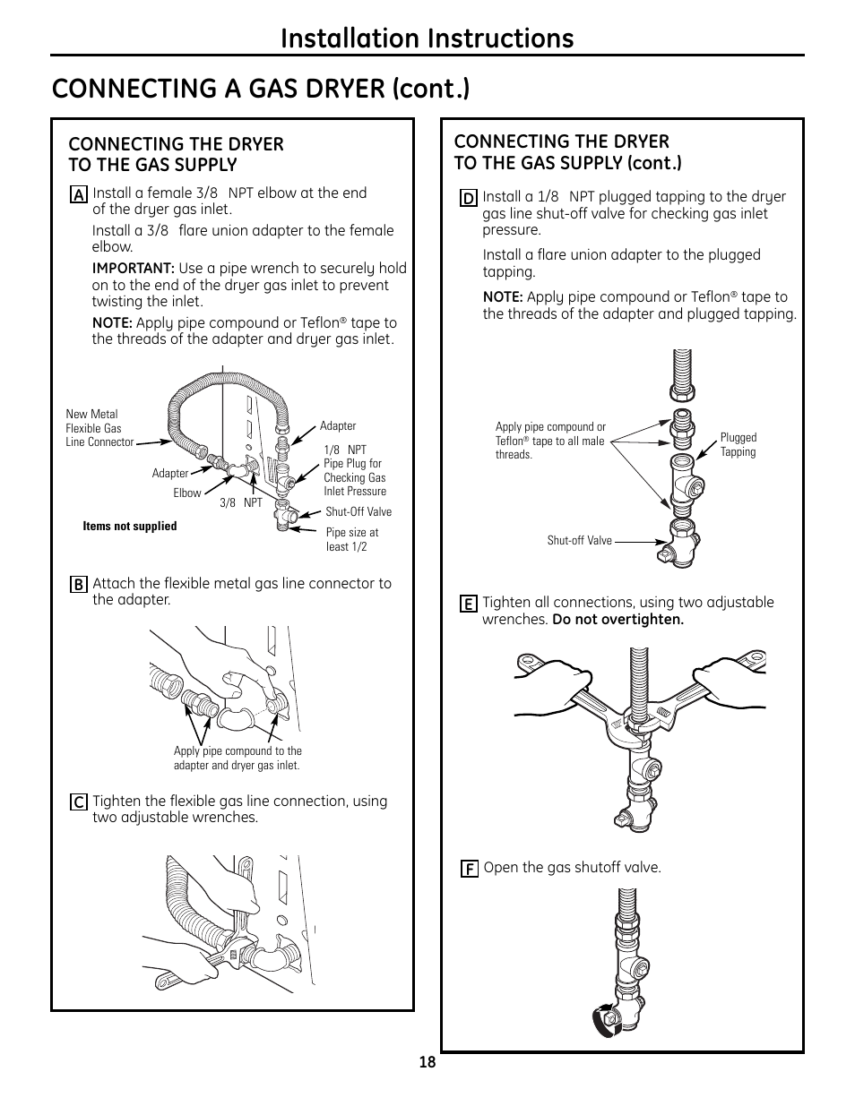 Installation instructions, Connecting a gas dryer (cont.), Connecting the dryer to the gas supply (cont.) | Connecting the dryer to the gas supply | GE UPVH880 User Manual | Page 18 / 152