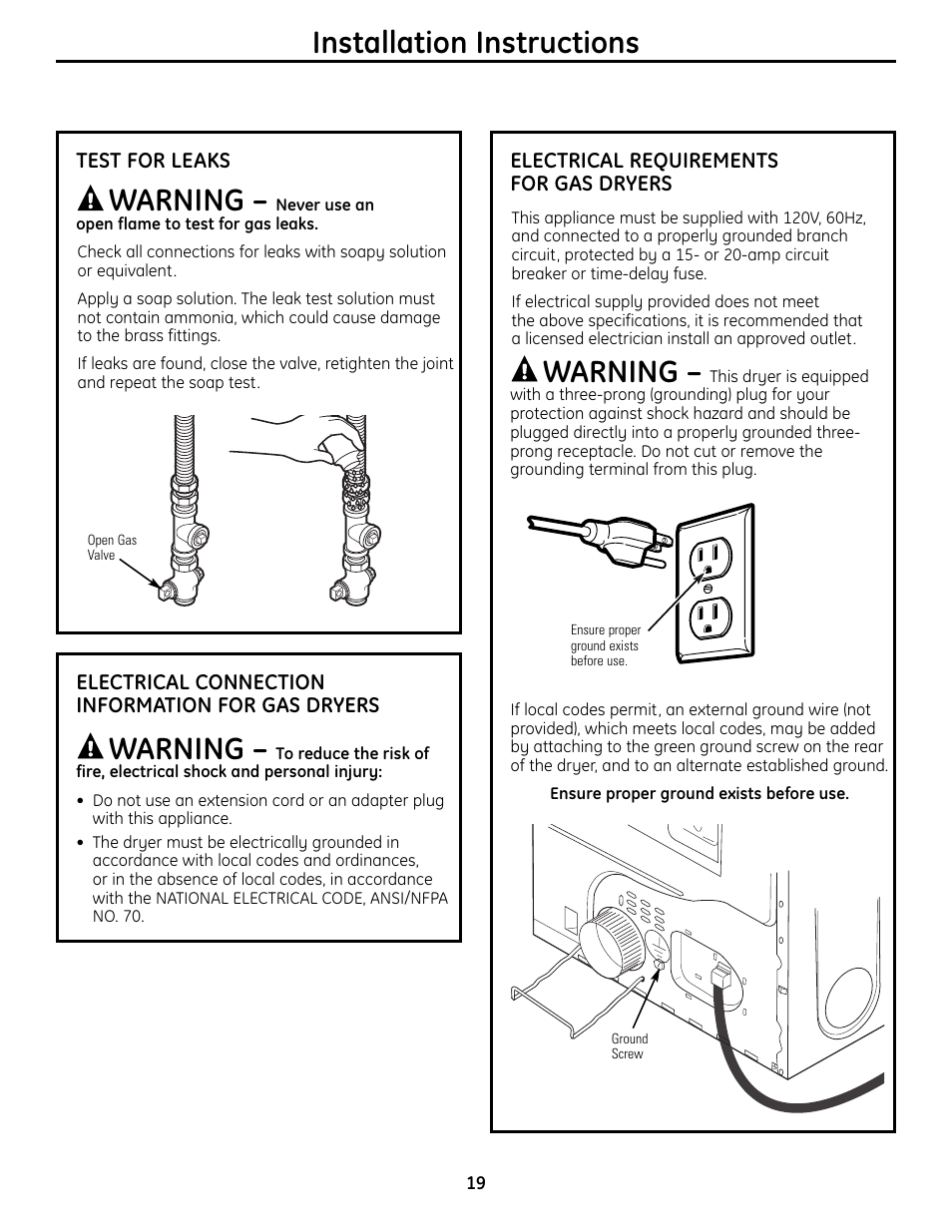 Installation instructions, Warning | GE UPVH880 User Manual | Page 19 / 152