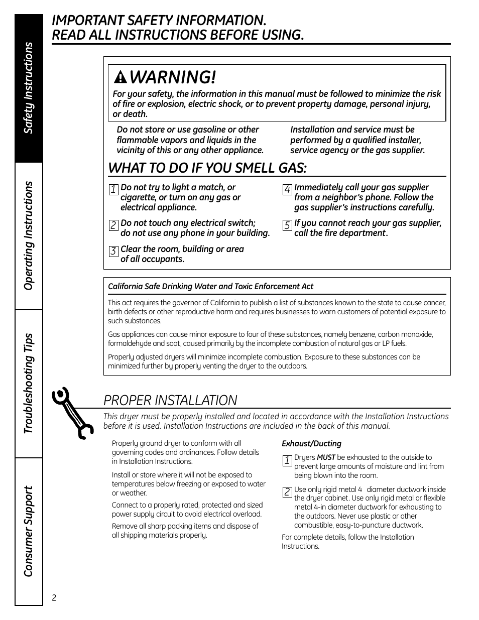 Warning, What to do if you smell gas, Proper installation | GE UPVH880 User Manual | Page 2 / 152
