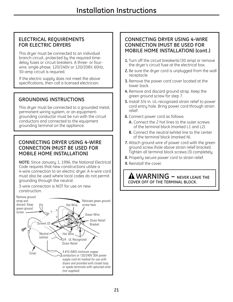 Installation instructions, Warning, Electrical requirements for electric dryers | Grounding instructions | GE UPVH880 User Manual | Page 21 / 152