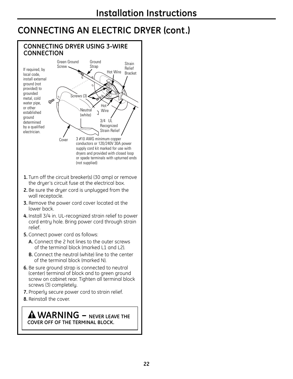 Installation instructions, Connecting an electric dryer (cont.), Warning | Connecting dryer using 3-wire connection | GE UPVH880 User Manual | Page 22 / 152