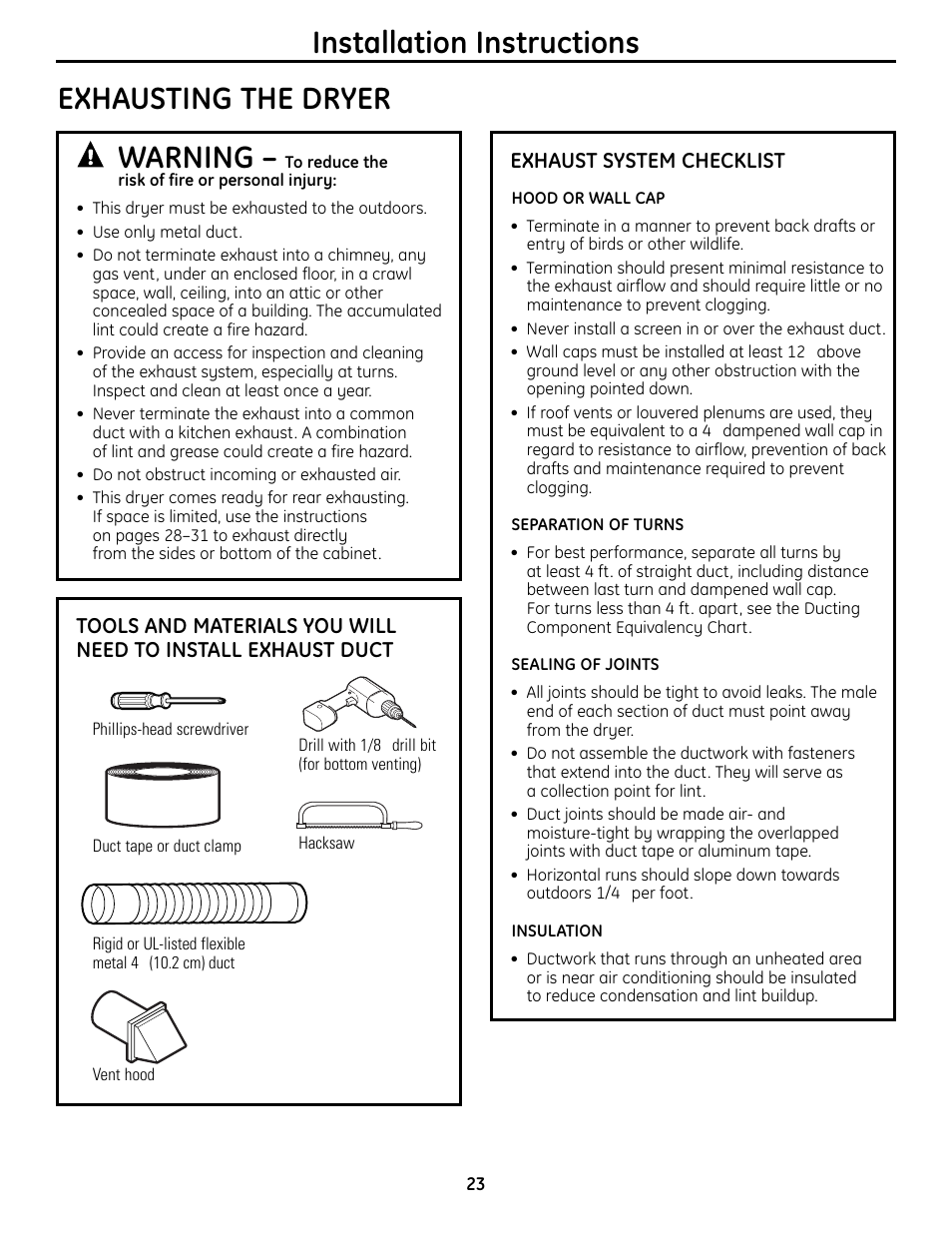 Installation instructions, Exhausting the dryer warning | GE UPVH880 User Manual | Page 23 / 152