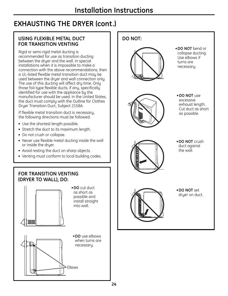 Installation instructions, Exhausting the dryer (cont.) | GE UPVH880 User Manual | Page 24 / 152