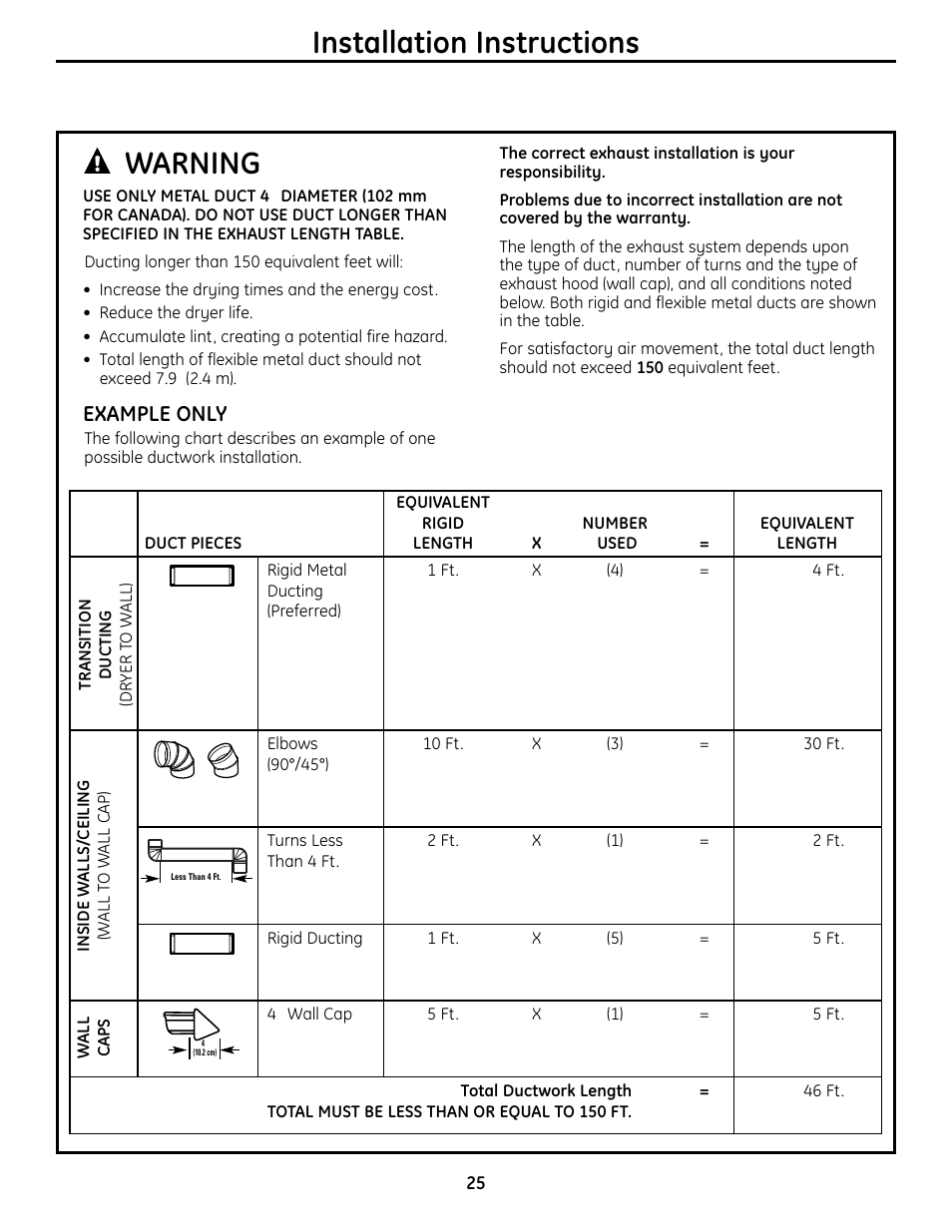 Installation instructions, Warning, Example only | GE UPVH880 User Manual | Page 25 / 152