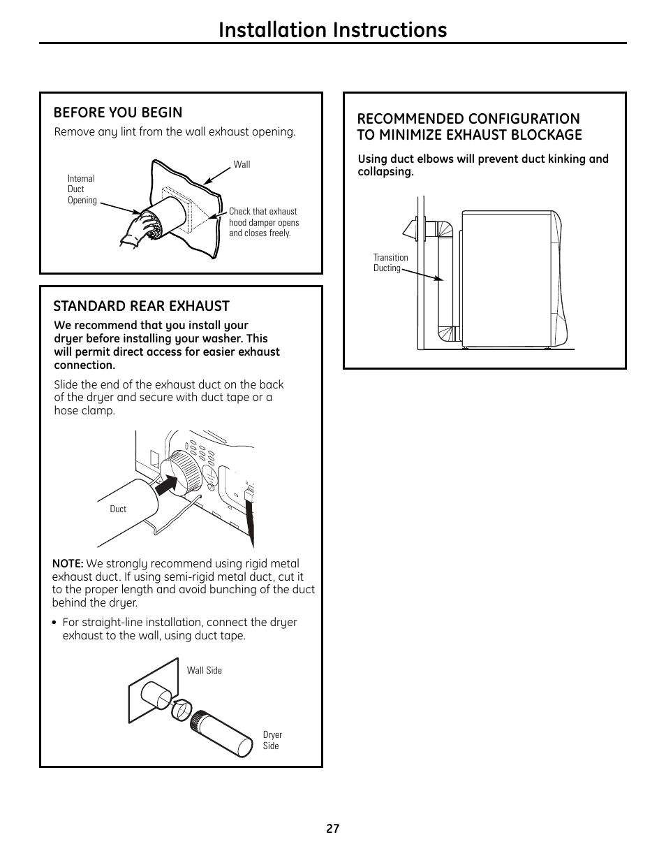 Installation instructions, Before you begin, Standard rear exhaust | GE UPVH880 User Manual | Page 27 / 152