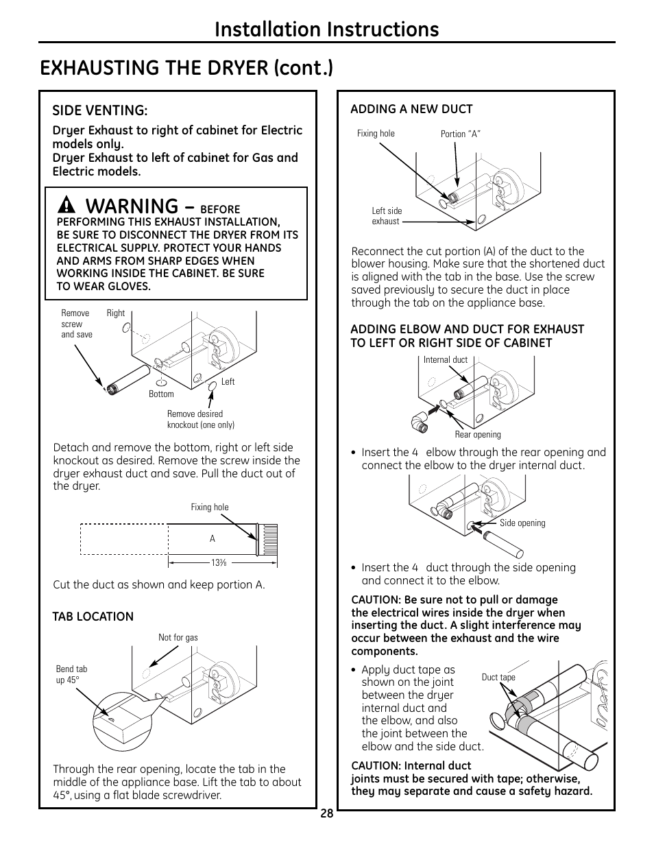 Warning, Side venting | GE UPVH880 User Manual | Page 28 / 152