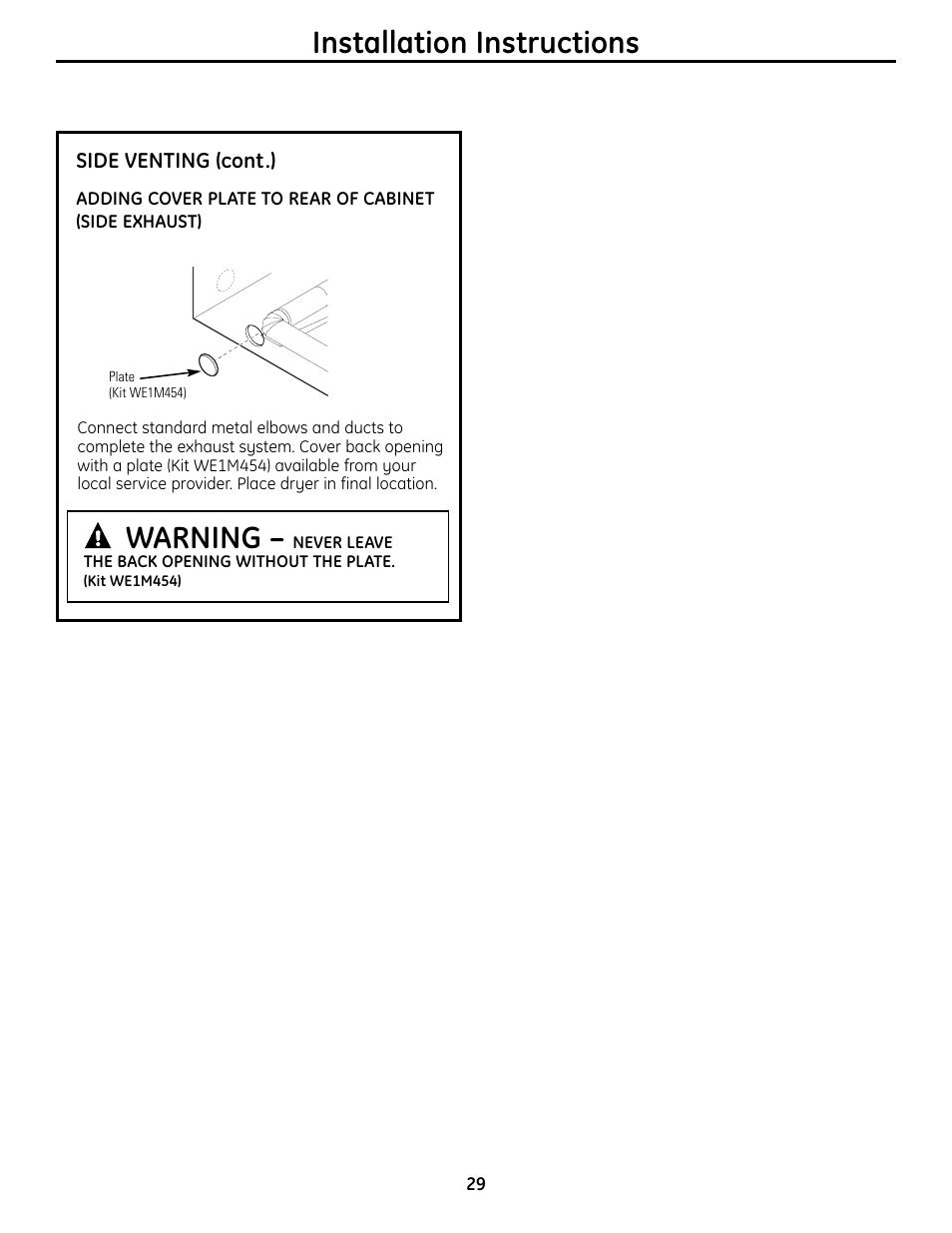 Warning, Installation instructions | GE UPVH880 User Manual | Page 29 / 152