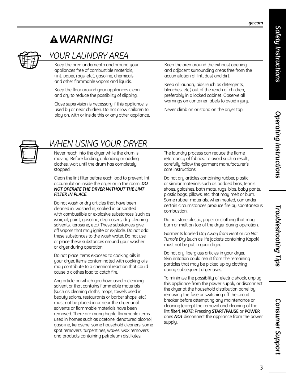 Warning, Your laundry area, When using your dryer | GE UPVH880 User Manual | Page 3 / 152