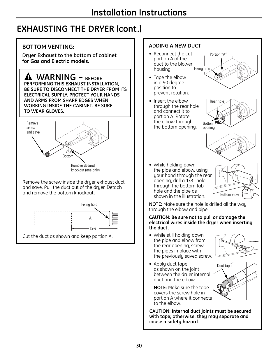 Warning, Bottom venting | GE UPVH880 User Manual | Page 30 / 152