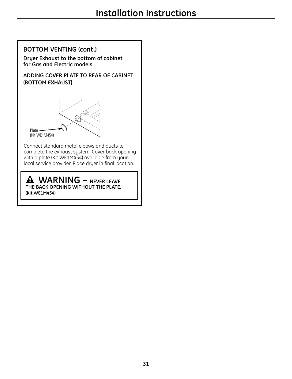 Warning, Installation instructions | GE UPVH880 User Manual | Page 31 / 152