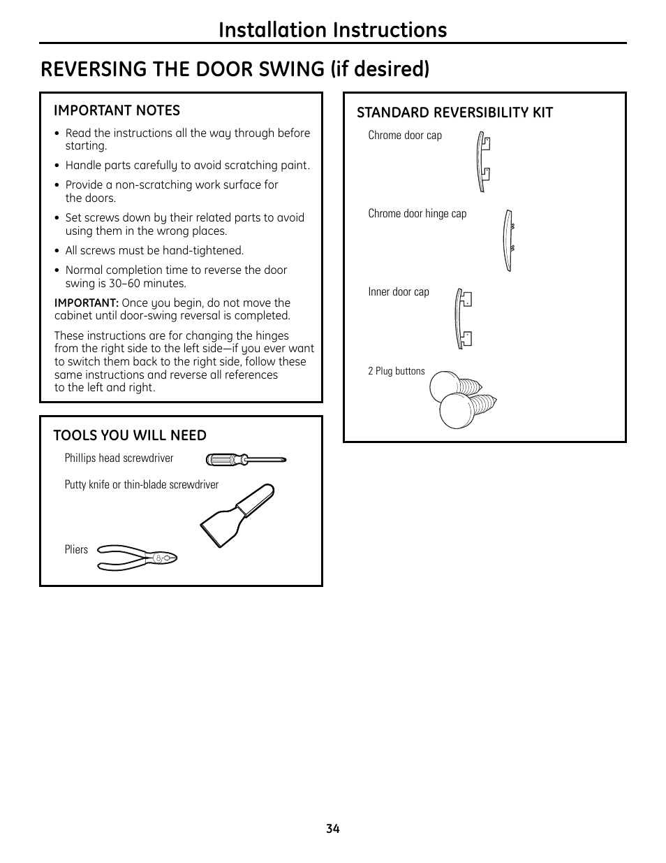 Installation instructions, Reversing the door swing (if desired) | GE UPVH880 User Manual | Page 34 / 152