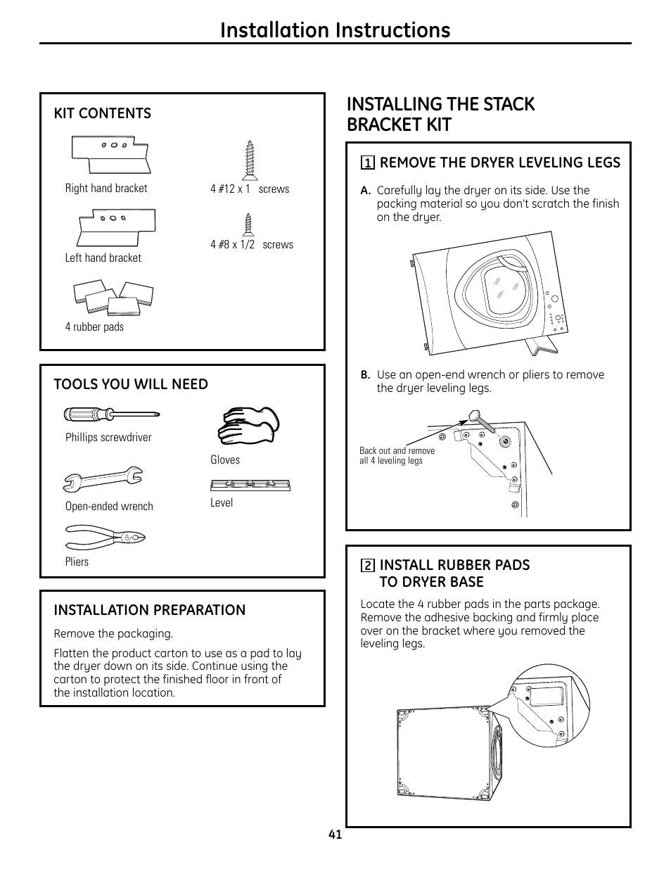 Installation instructions, Installing the stack bracket kit | GE UPVH880 User Manual | Page 41 / 152