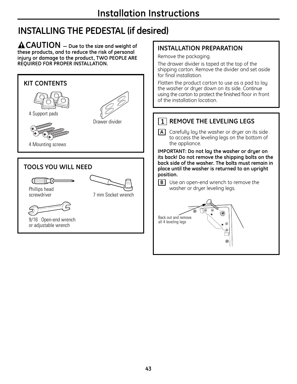 Installation instructions, Installing the pedestal (if desired), Caution | GE UPVH880 User Manual | Page 43 / 152