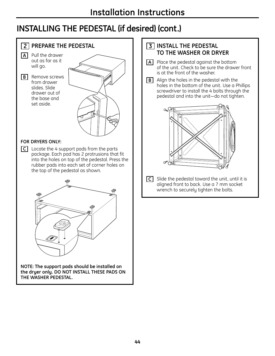 Installation instructions, Installing the pedestal (if desired) (cont.) | GE UPVH880 User Manual | Page 44 / 152