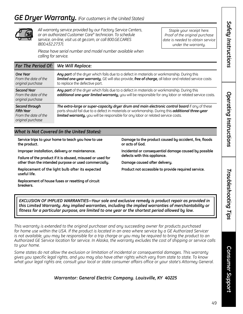 Ge dryer warranty | GE UPVH880 User Manual | Page 49 / 152