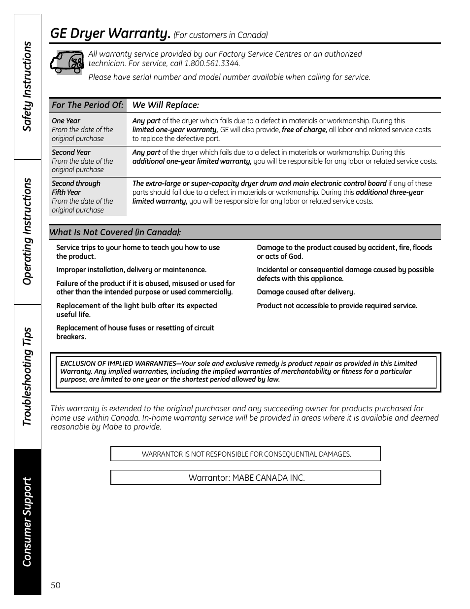 Ge dryer warranty | GE UPVH880 User Manual | Page 50 / 152