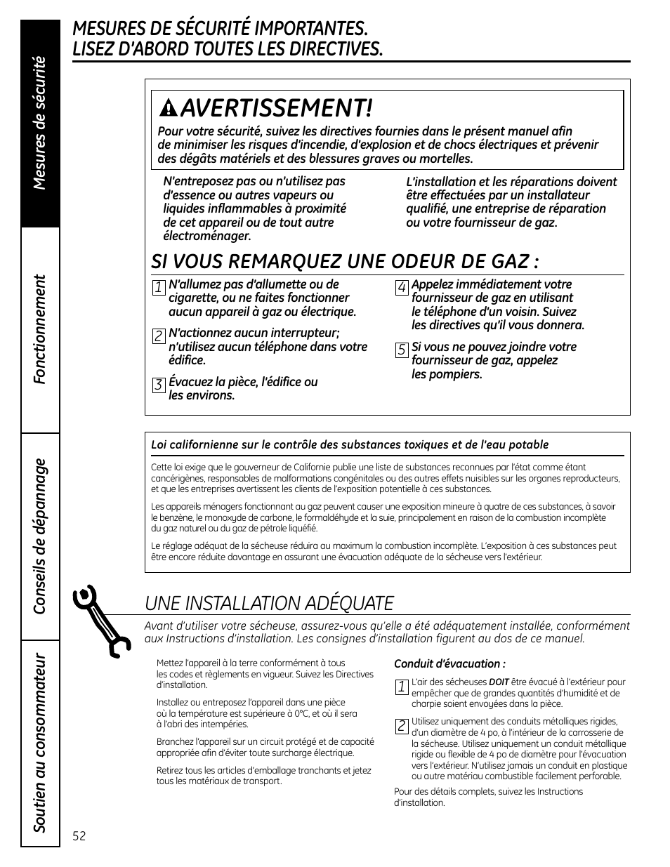 Avertissement, Si vous remarquez une odeur de gaz, Une installation adéquate | GE UPVH880 User Manual | Page 52 / 152