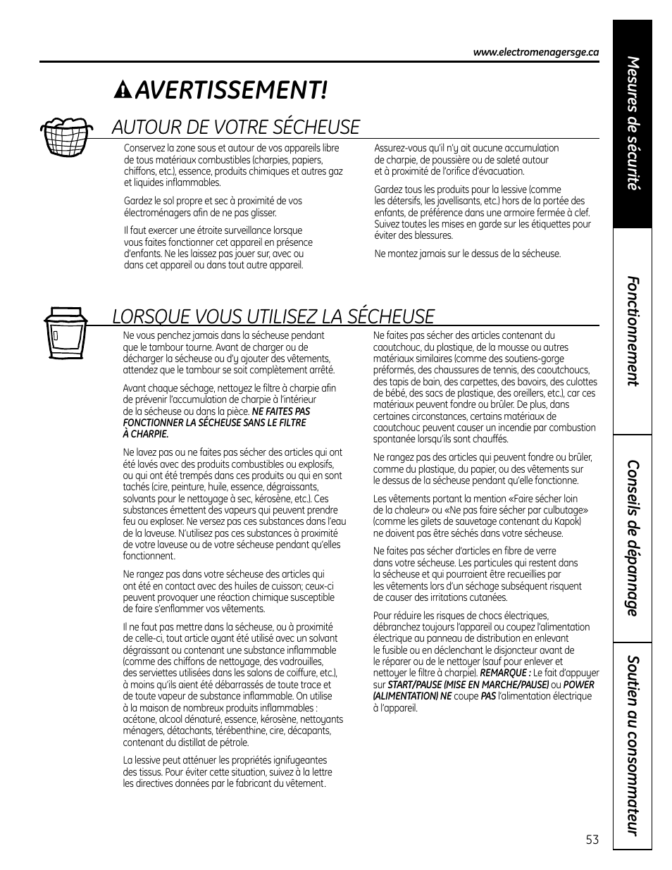 Avertissement, Autour de votre sécheuse, Lorsque vous utilisez la sécheuse | GE UPVH880 User Manual | Page 53 / 152